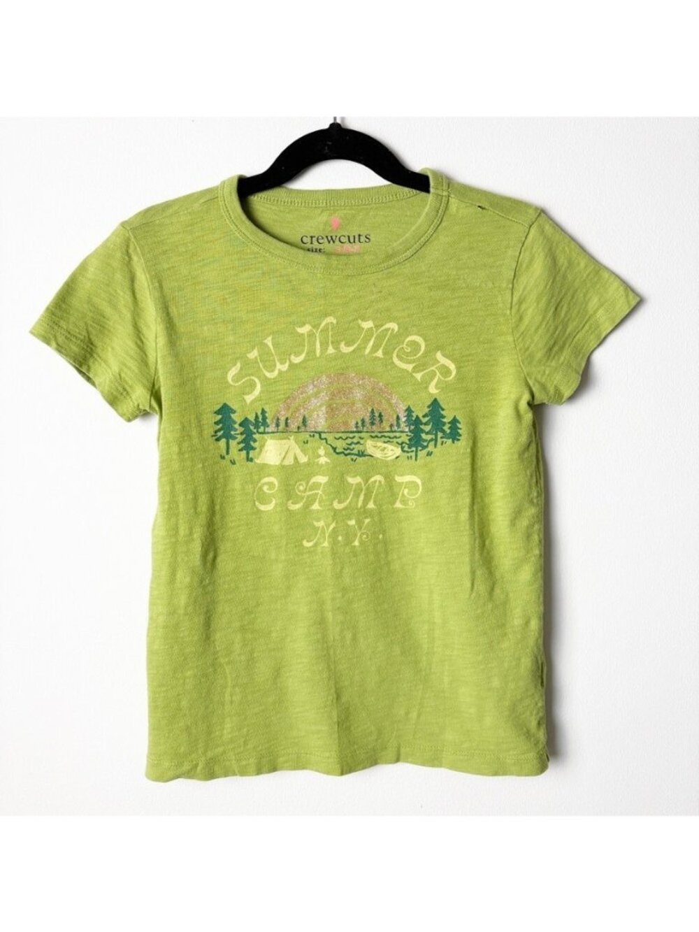 CREWCUTS Girls 6-7 Sz Small Green Graphic Tee New York Camp